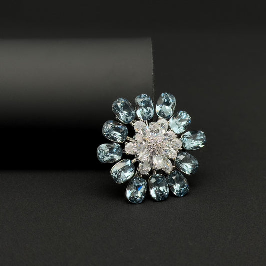 Blue Crystal Flower Brooch, Sparkling Zircon Copper Suit Brooch