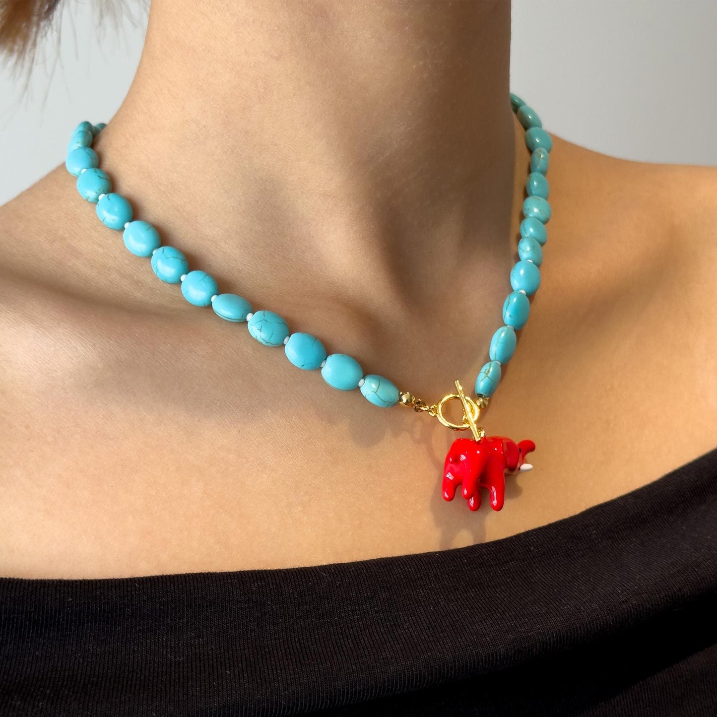 Vintage Art Deco Turquoise Elephant Pendant Beaded Copper Necklace