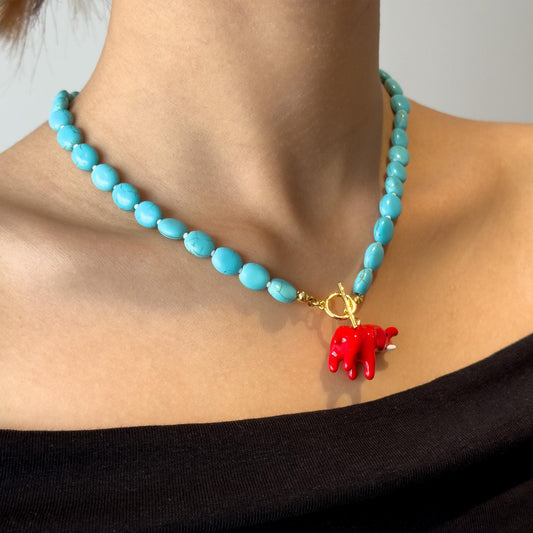 Vintage Art Deco Turquoise Elephant Pendant Beaded Copper Necklace