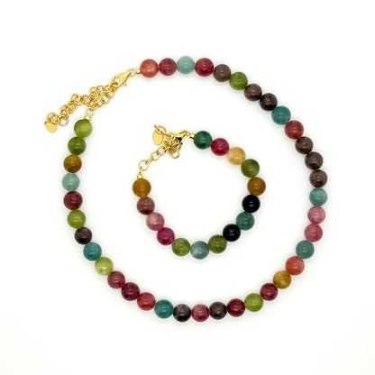 Art Deco Beaded Gemstone Necklace and Bracelet Set Multi‑colour