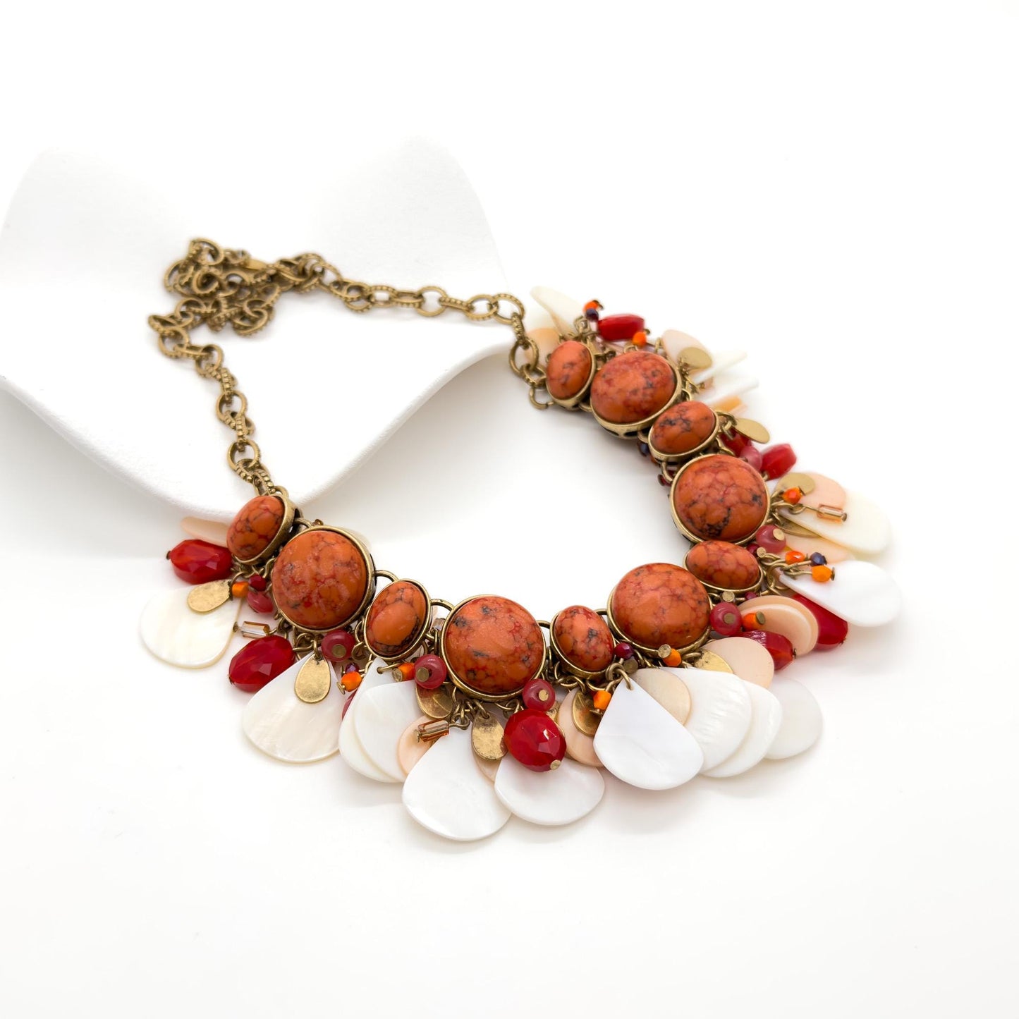 Vintage Art Deco Mother-of-Pearl Gemstone Pendant Necklace Boho Party