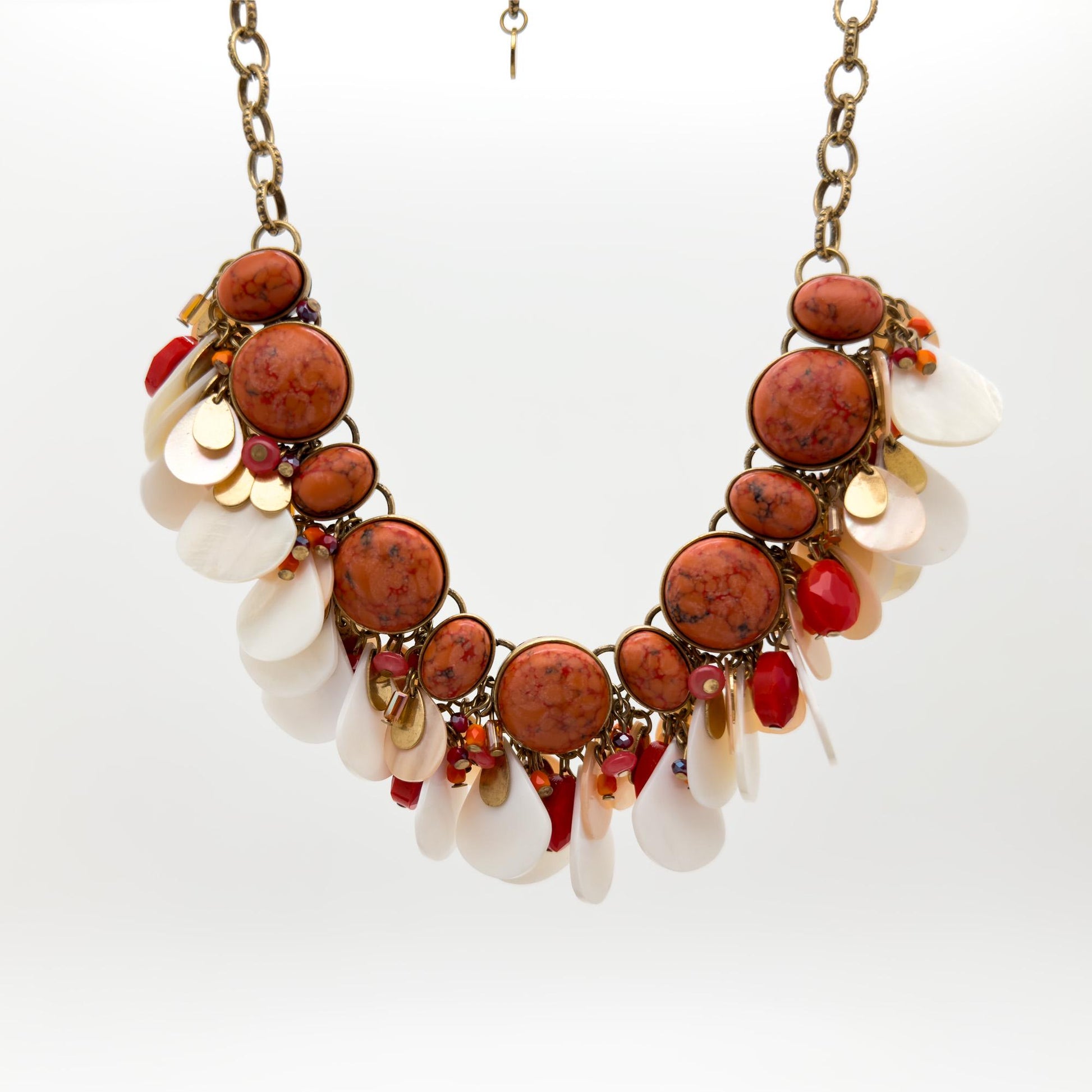 Vintage Art Deco Mother-of-Pearl Gemstone Pendant Necklace Boho Party