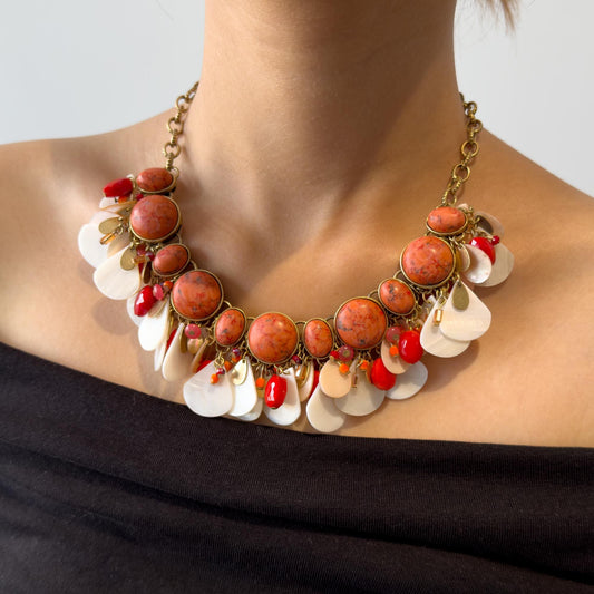 Vintage Art Deco Mother-of-Pearl Gemstone Pendant Necklace Boho Party