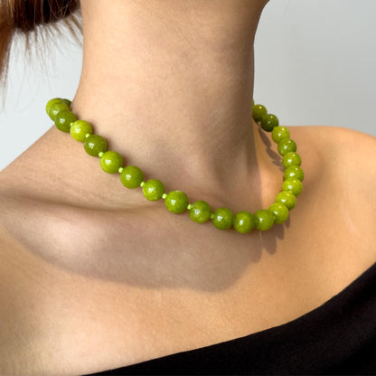 Art Deco Green Stone Beaded Necklace with Matching Bracelet Set