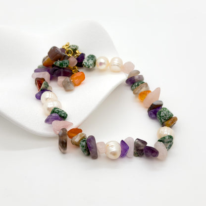 Art Deco Colourful Gemstone Beaded Necklace with Pearl Accents