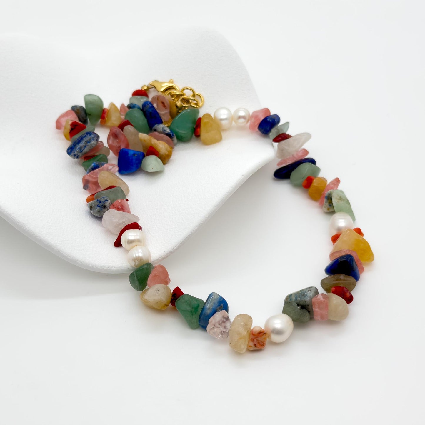 Art Deco Colourful Gemstone Beaded Necklace with Pearl Accents