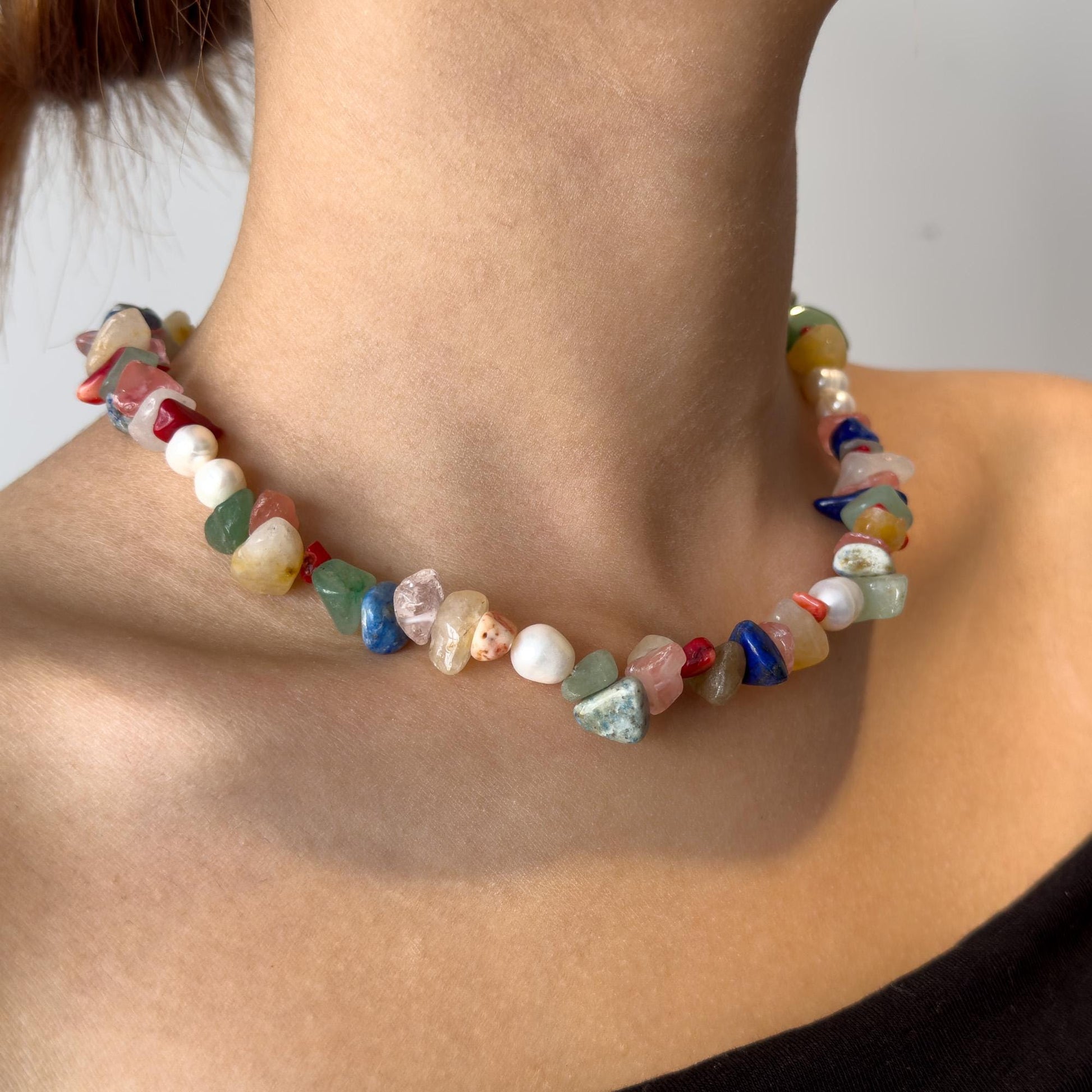 Art Deco Colourful Gemstone Beaded Necklace with Pearl Accents