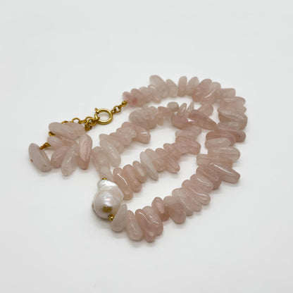 Handmade Art Deco Pink Gemstone Pearl Beaded Necklace 45cm Extender