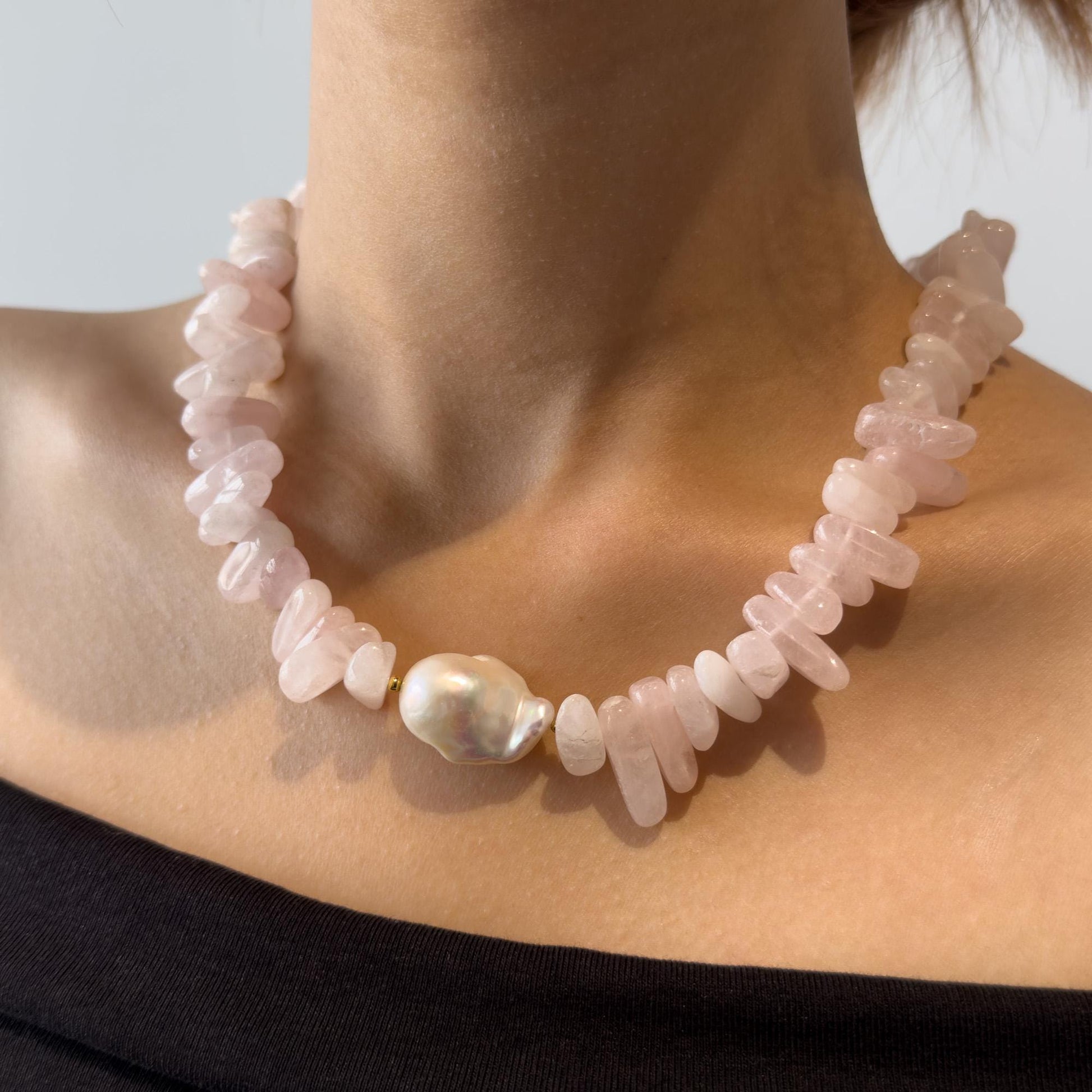 Handmade Art Deco Pink Gemstone Pearl Beaded Necklace 45cm Extender