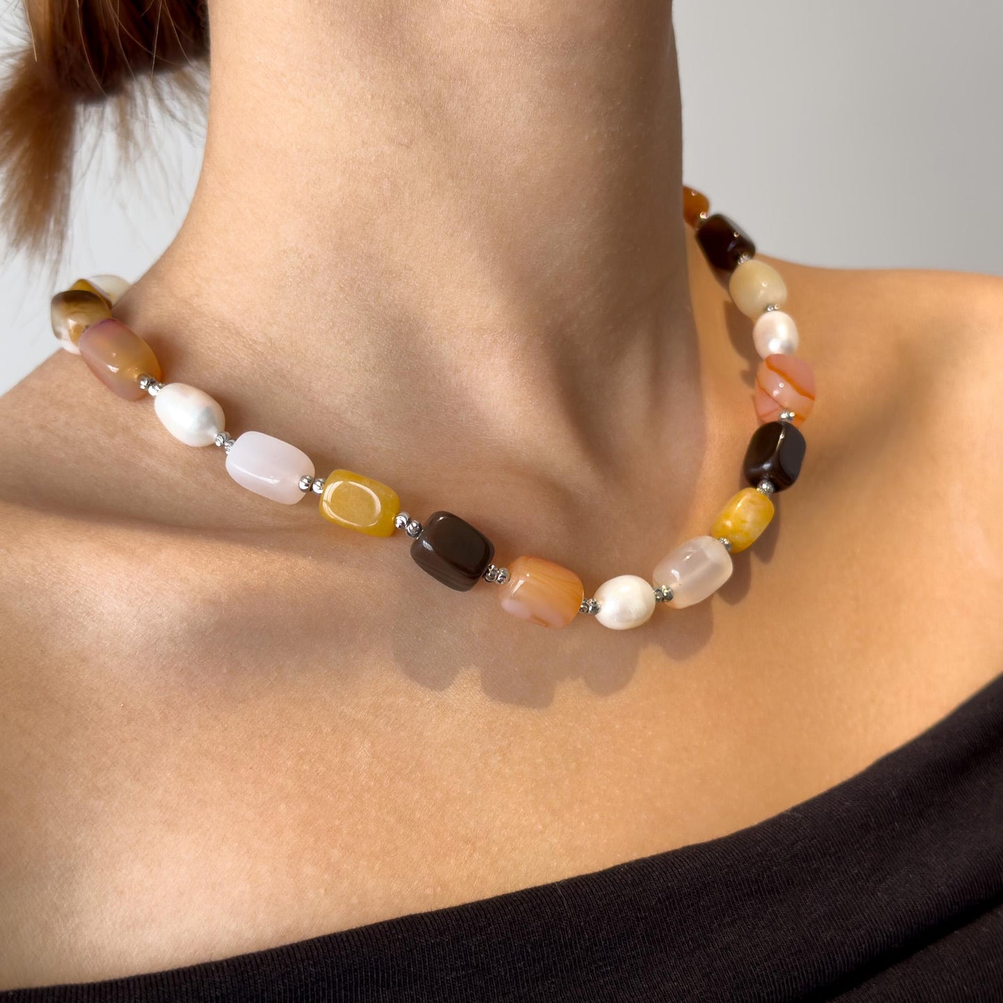 Vintage Art Deco Beaded Agate Pearl Necklace 40cm Handmade Gift