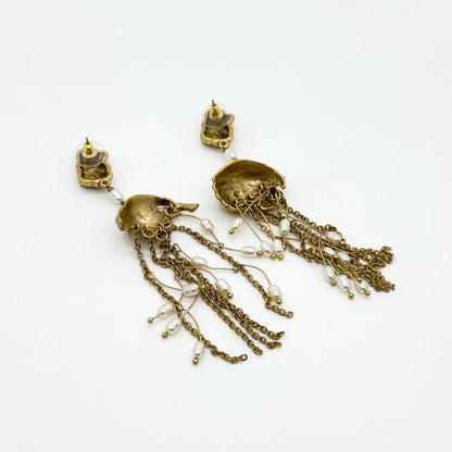 Art Deco Boho Long Tassel Shell & Copper Drop Earrings