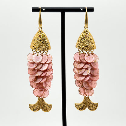 Vintage Art Deco Fish Scale Dangle Earrings Mother-of-Pearl