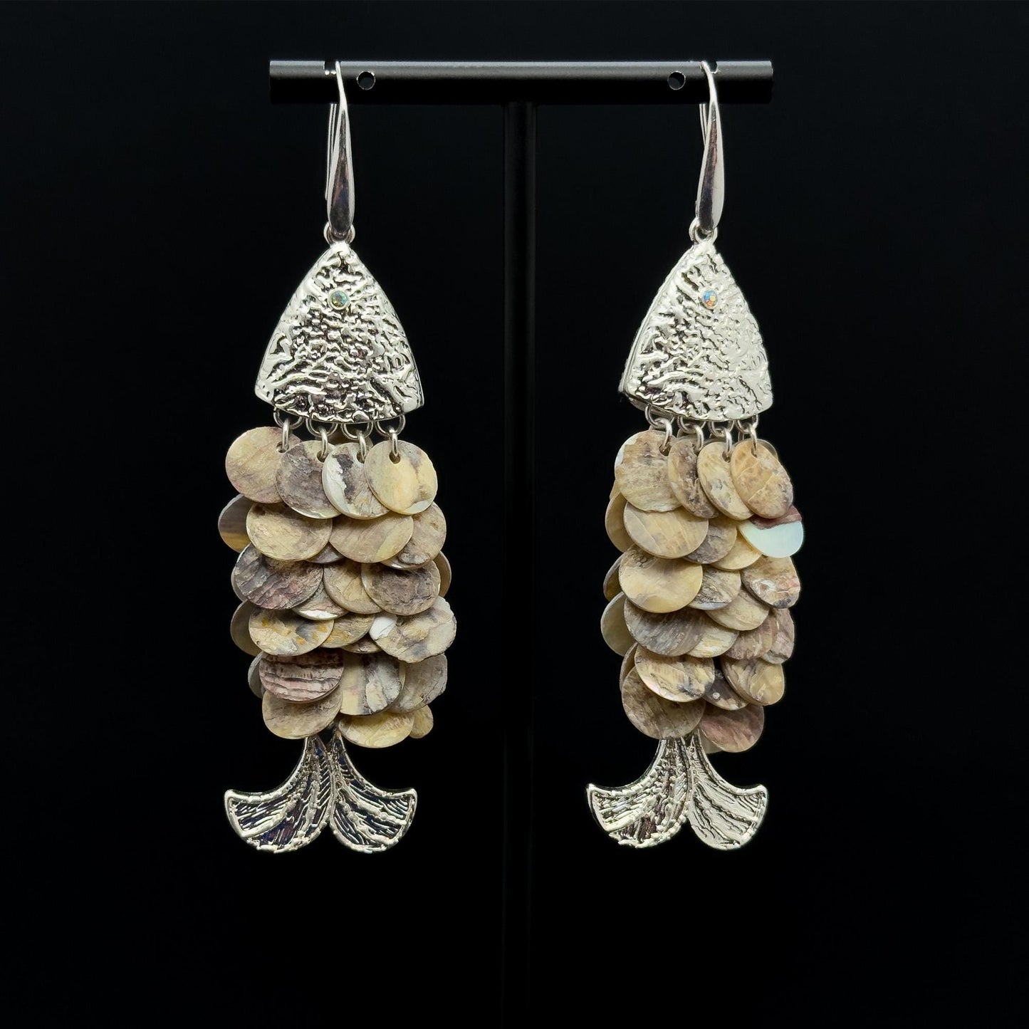 Vintage Art Deco Fish Scale Dangle Earrings Mother-of-Pearl