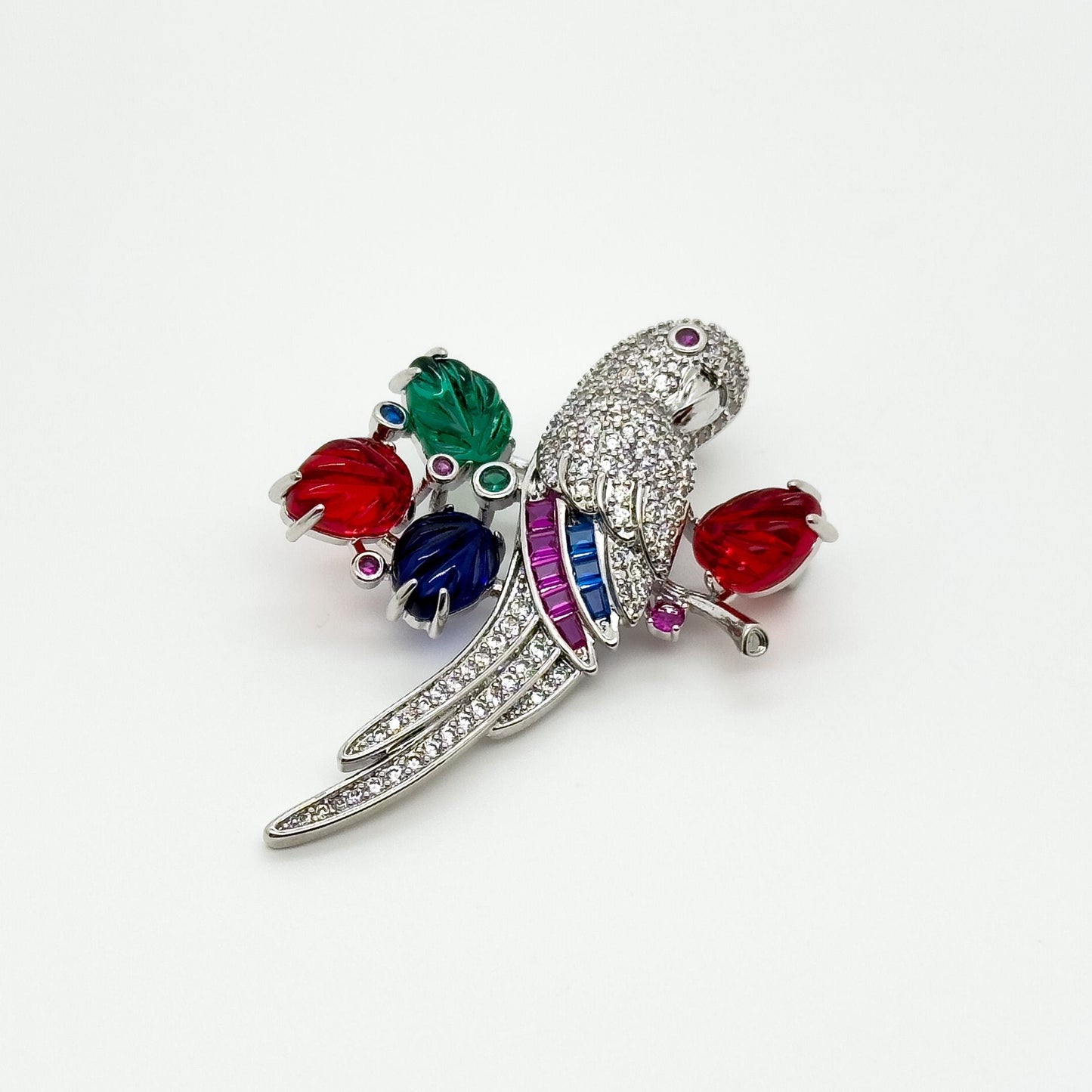 Vintage Colourful Glass Parrot Brooch Copper Zircon Handmade Gift