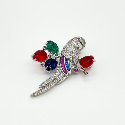 Vintage Colourful Glass Parrot Brooch Copper Zircon Handmade Gift