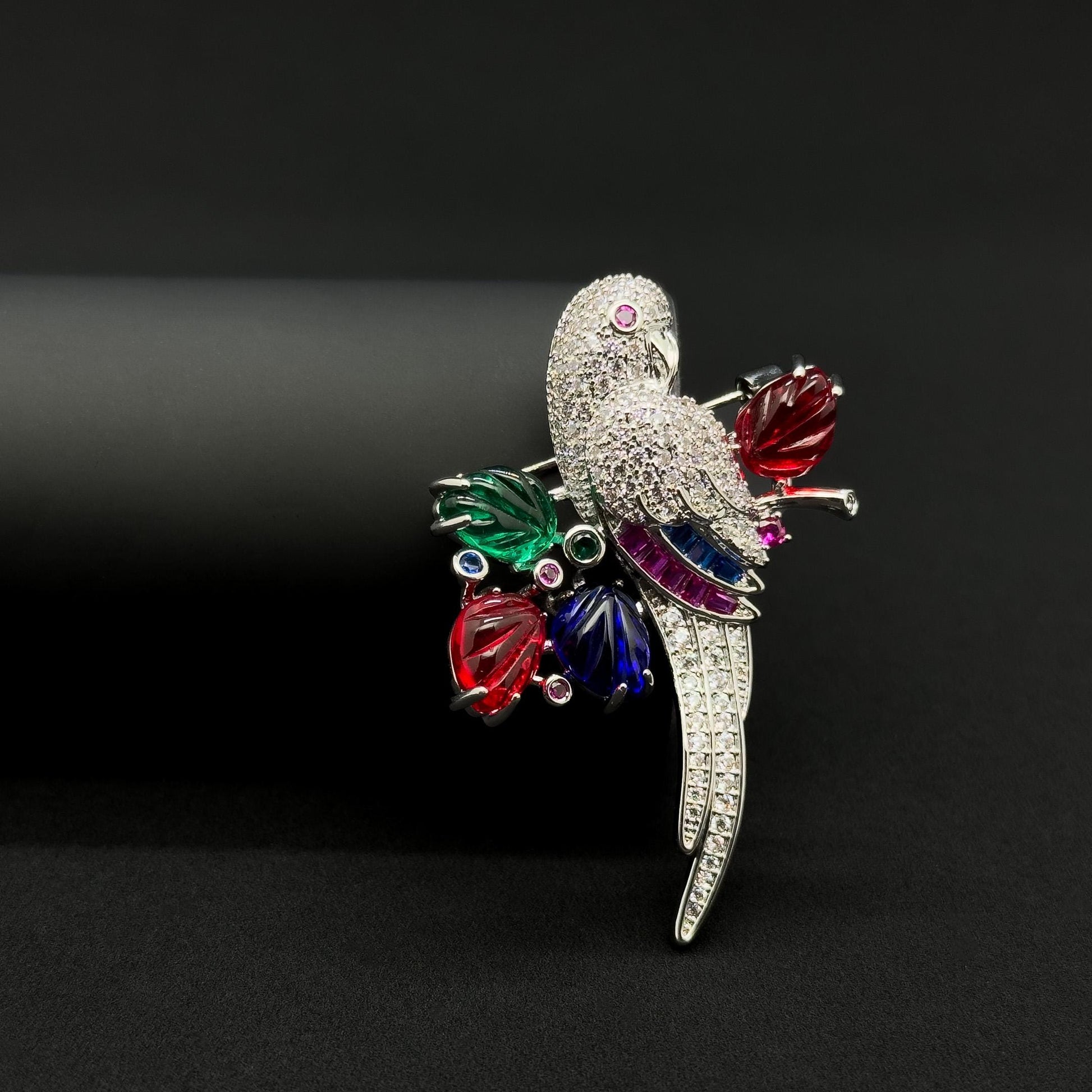 Vintage Colourful Glass Parrot Brooch Copper Zircon Handmade Gift