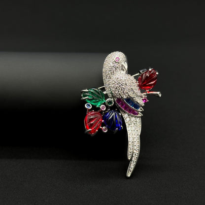 Vintage Colourful Glass Parrot Brooch Copper Zircon Handmade Gift