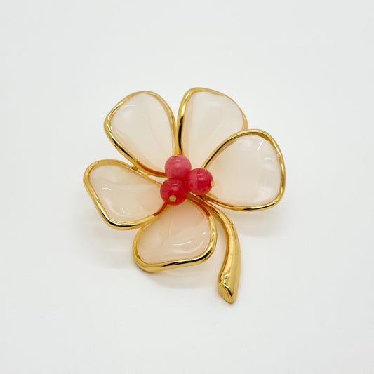 French Vintage Floral Brooch Pink Stamen Resin Stone Copper
