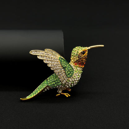 French Vintage Hummingbird Brooch 3D Rhinestone Copper Pin Gift