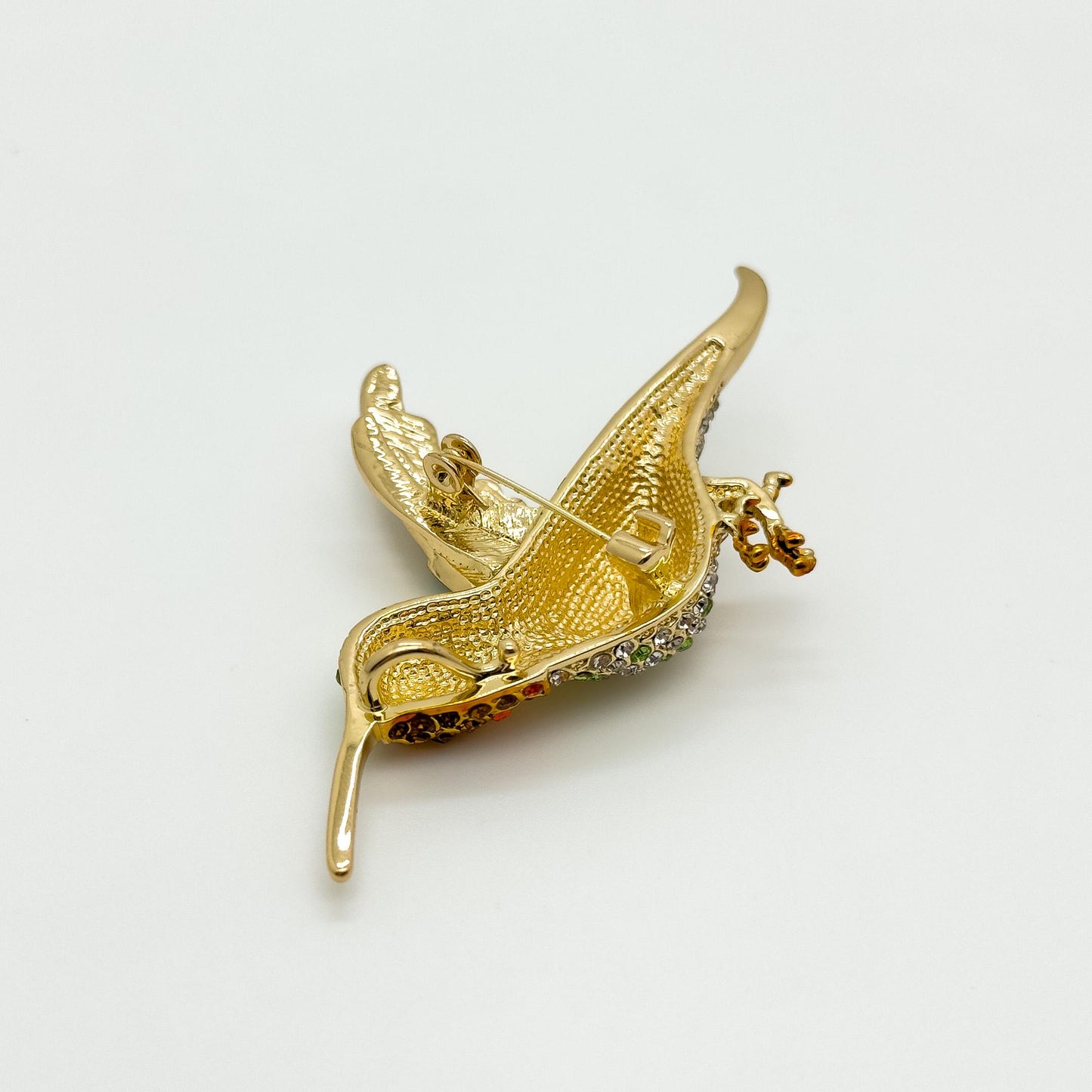 French Vintage Hummingbird Brooch 3D Rhinestone Copper Pin Gift