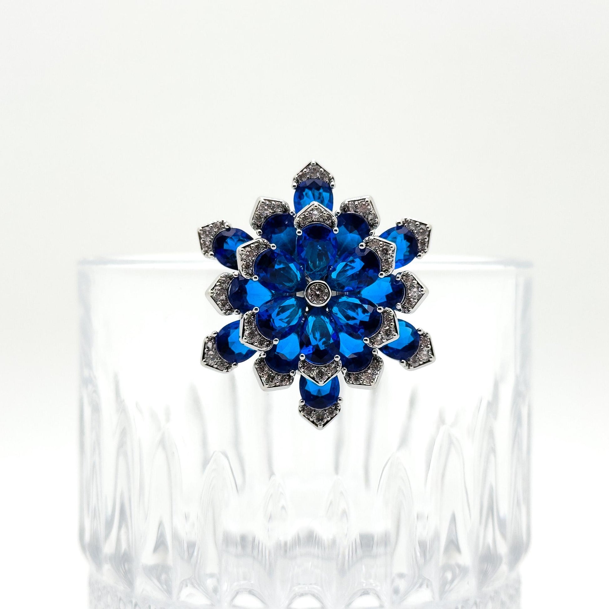 Blue Austrian Crystal Snowflake Brooch Pendant, Copper, Zircon Accents