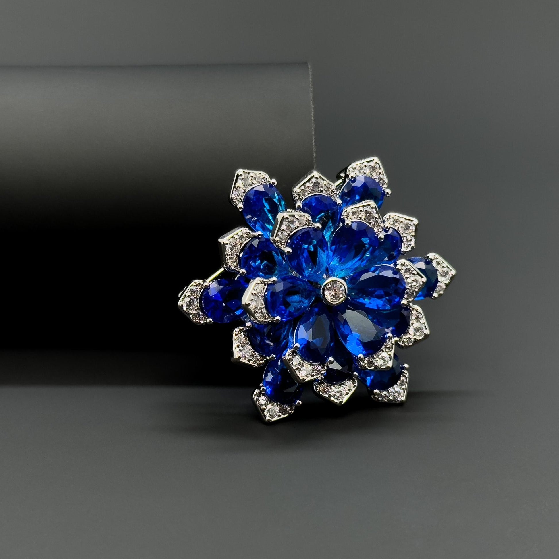 Blue Austrian Crystal Snowflake Brooch Pendant, Copper, Zircon Accents