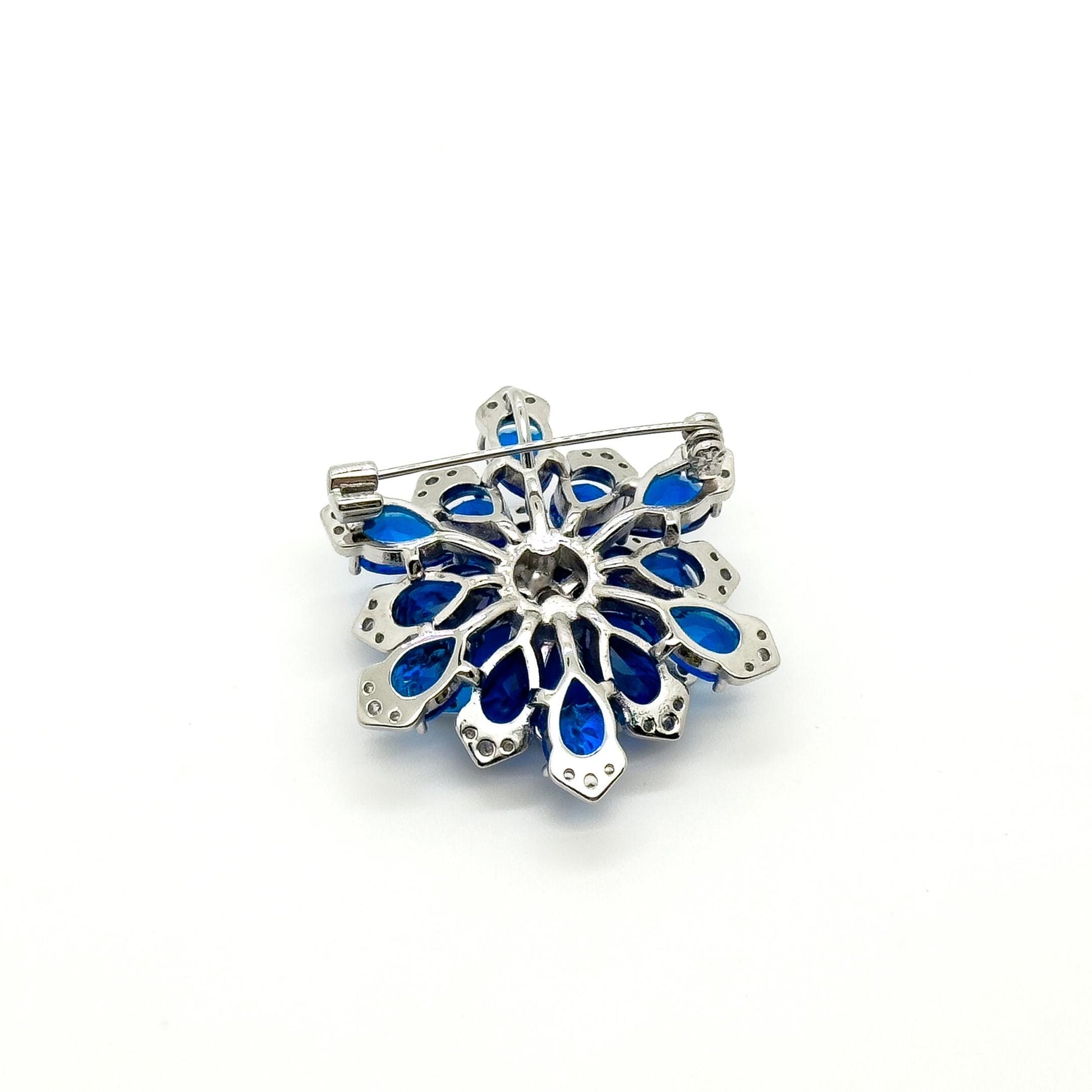 Blue Austrian Crystal Snowflake Brooch Pendant, Copper, Zircon Accents