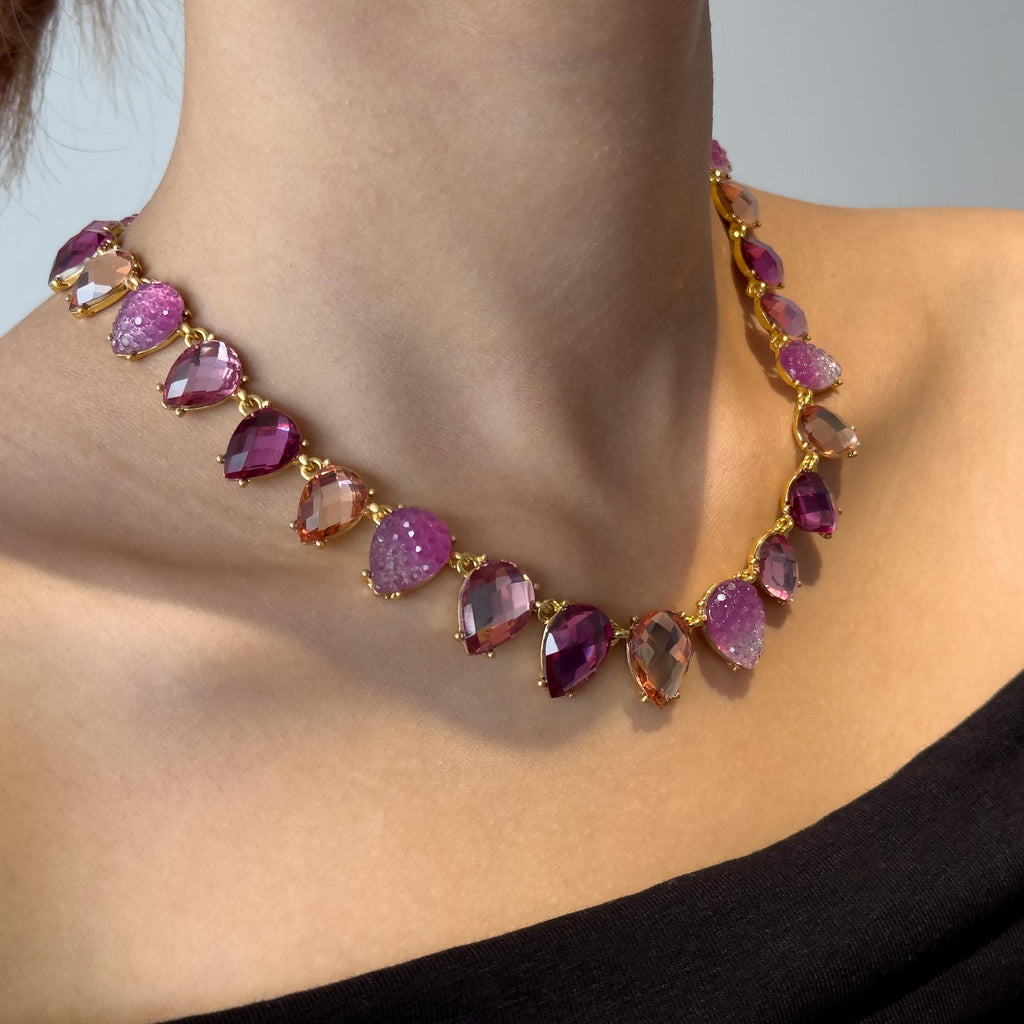 Art Deco Amethyst Crystal Beaded Statement Necklace with Gift Box
