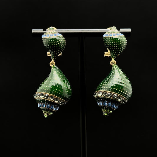 Vintage Art Deco Enamel Conch Drop Earrings with Zircon