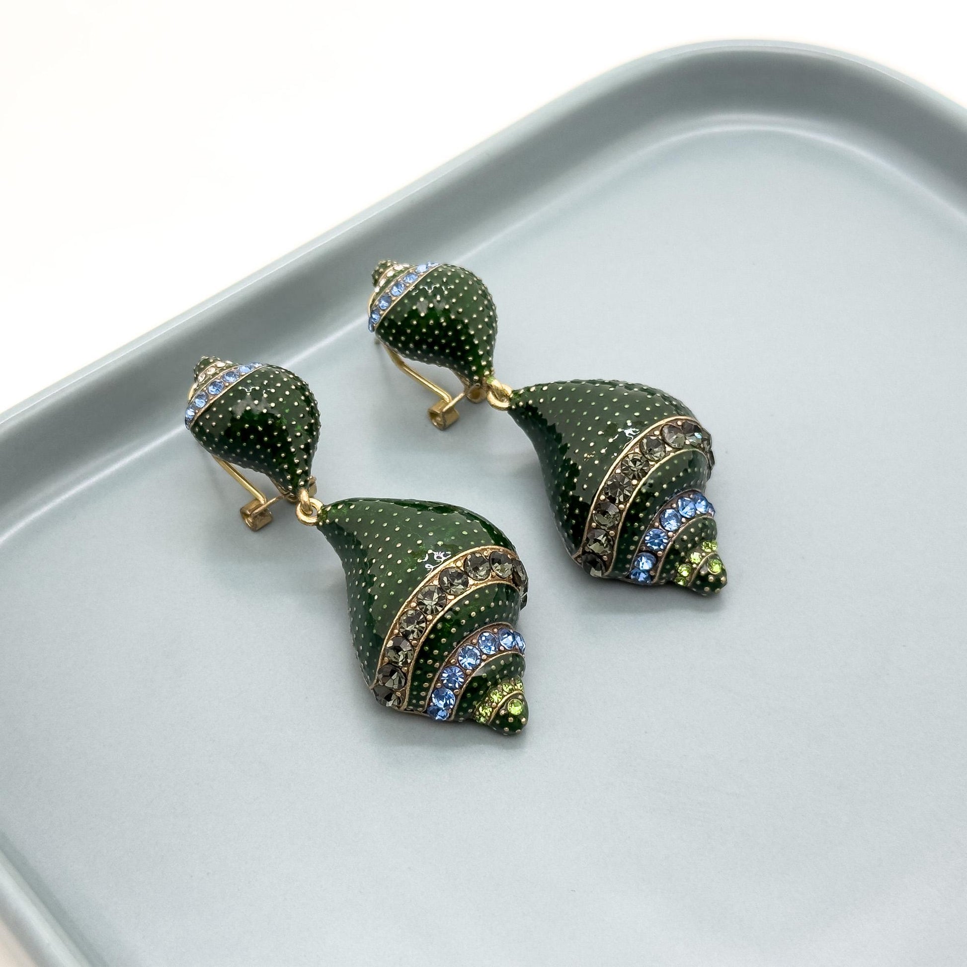 Vintage Art Deco Enamel Conch Drop Earrings with Zircon