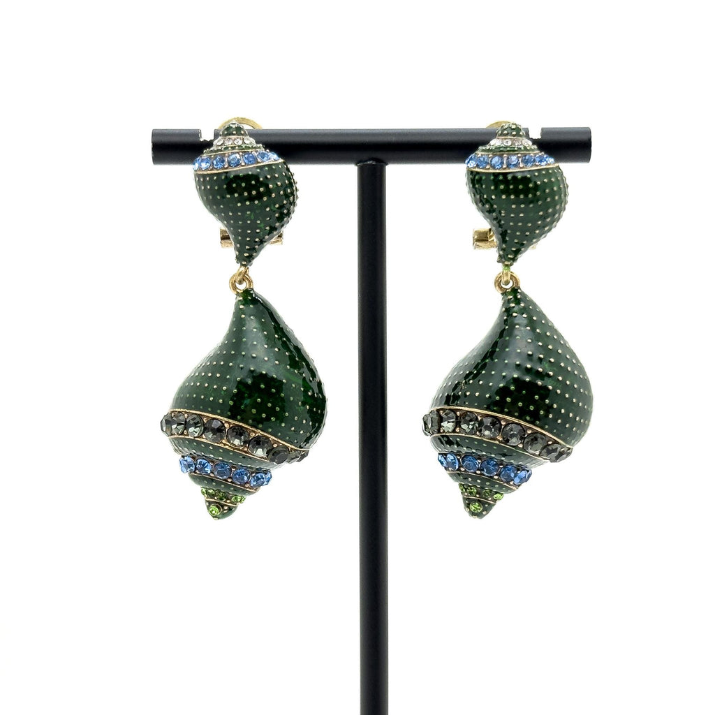 Vintage Art Deco Enamel Conch Drop Earrings with Zircon
