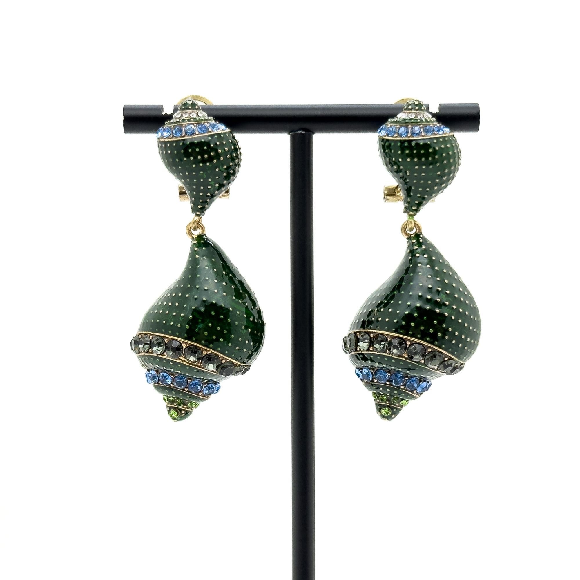 Vintage Art Deco Enamel Conch Drop Earrings with Zircon