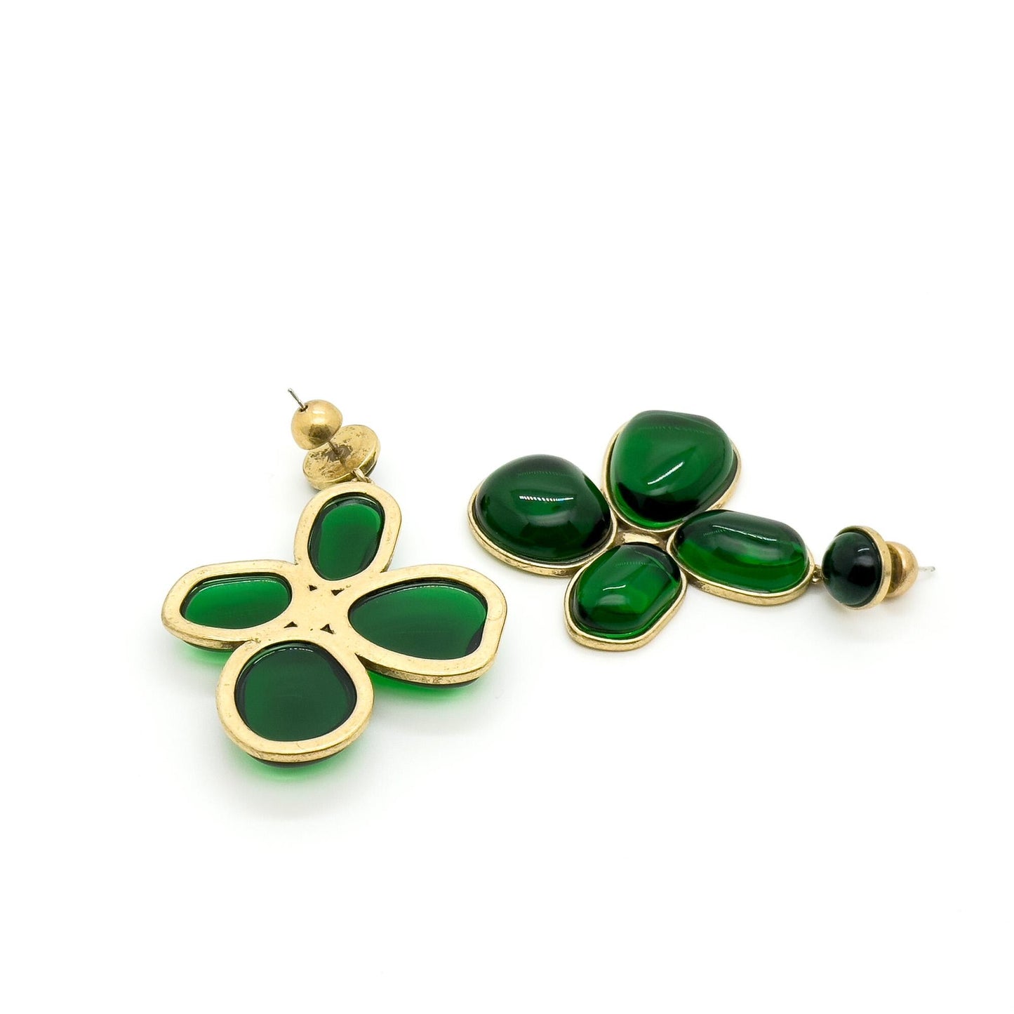 Art Deco Vintage Four-Leaf Clover Emerald Glass Copper Earrings