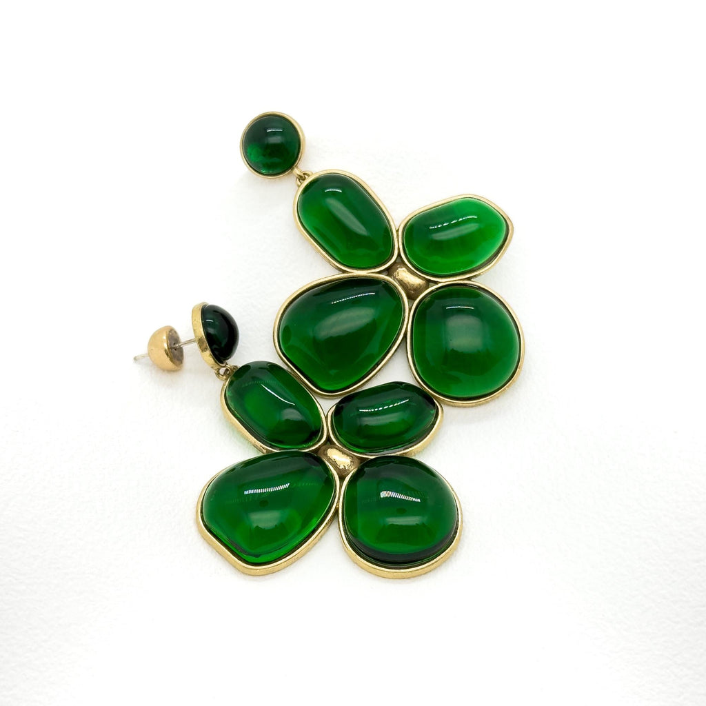 Art Deco Vintage Four-Leaf Clover Emerald Glass Copper Earrings