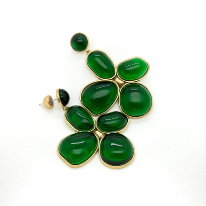 Art Deco Vintage Four-Leaf Clover Emerald Glass Copper Earrings