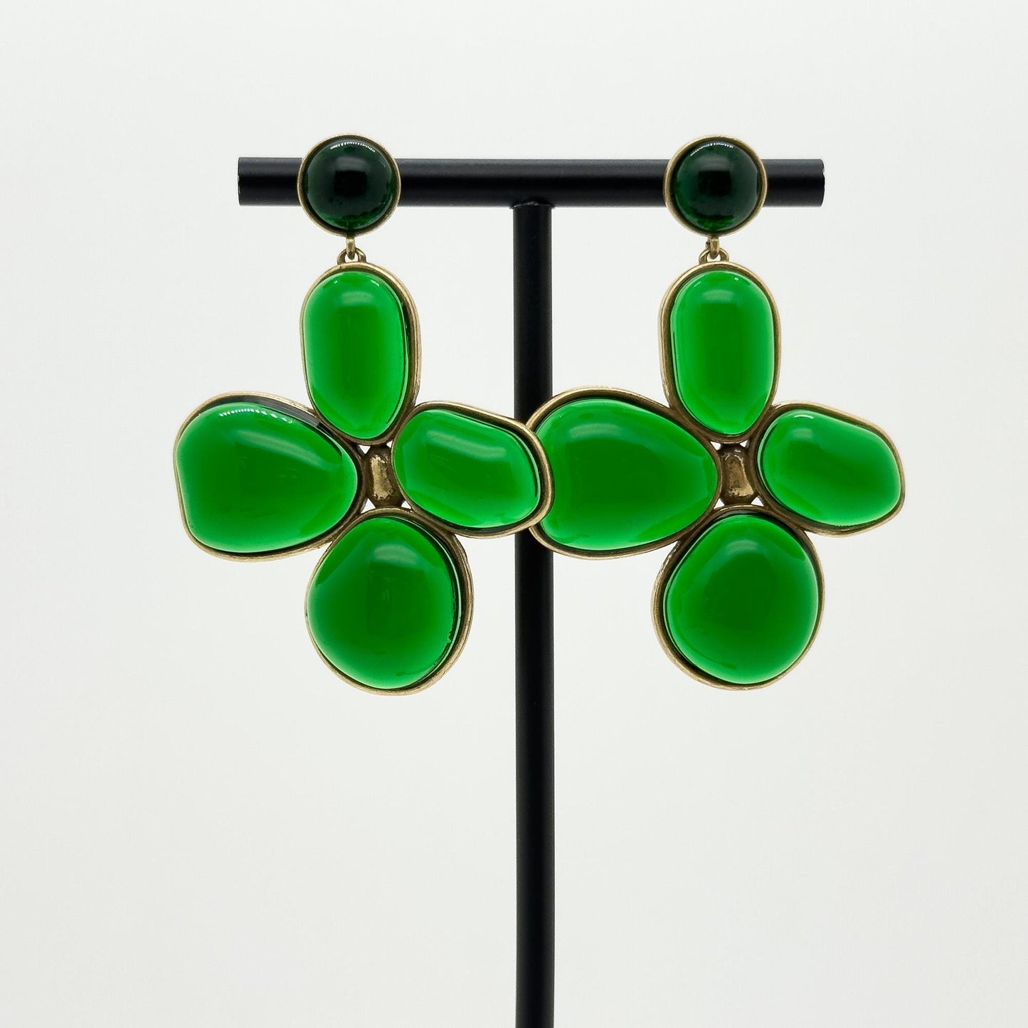 Art Deco Vintage Four-Leaf Clover Emerald Glass Copper Earrings