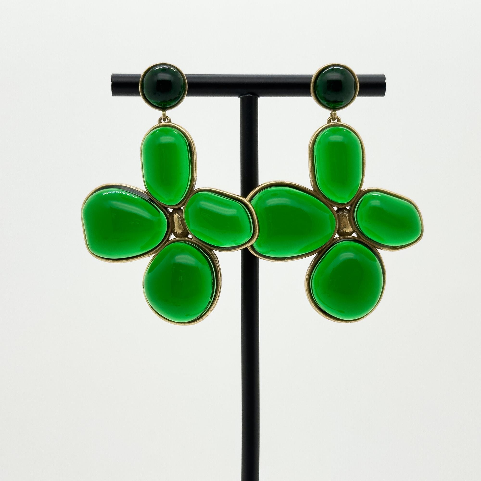 Art Deco Vintage Four-Leaf Clover Emerald Glass Copper Earrings