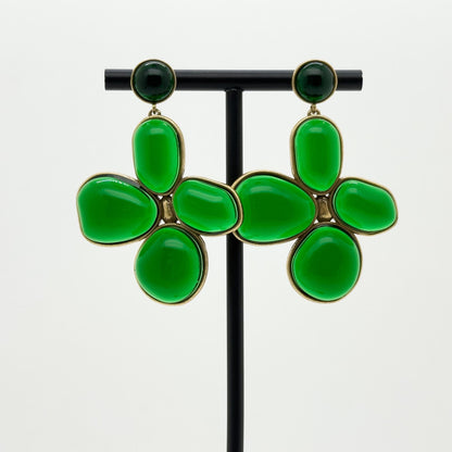 Art Deco Vintage Four-Leaf Clover Emerald Glass Copper Earrings