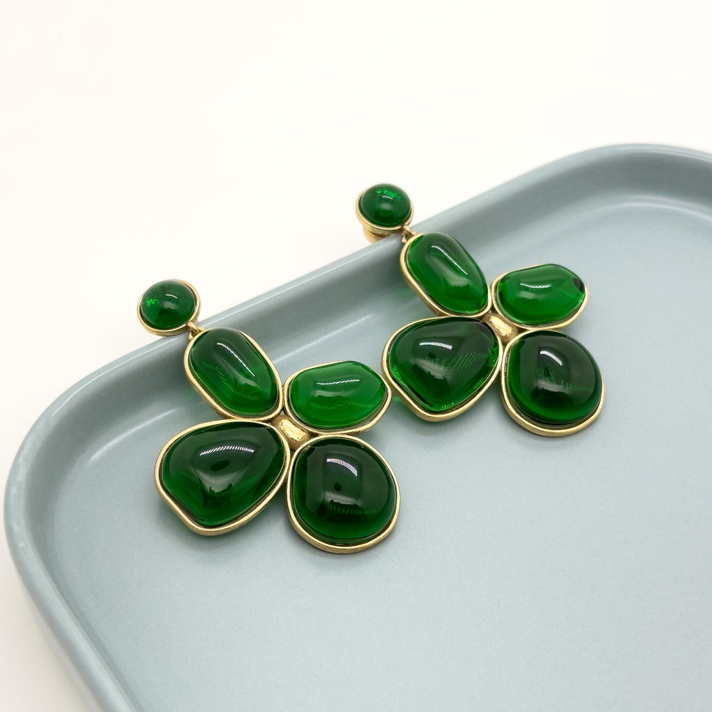 Art Deco Vintage Four-Leaf Clover Emerald Glass Copper Earrings