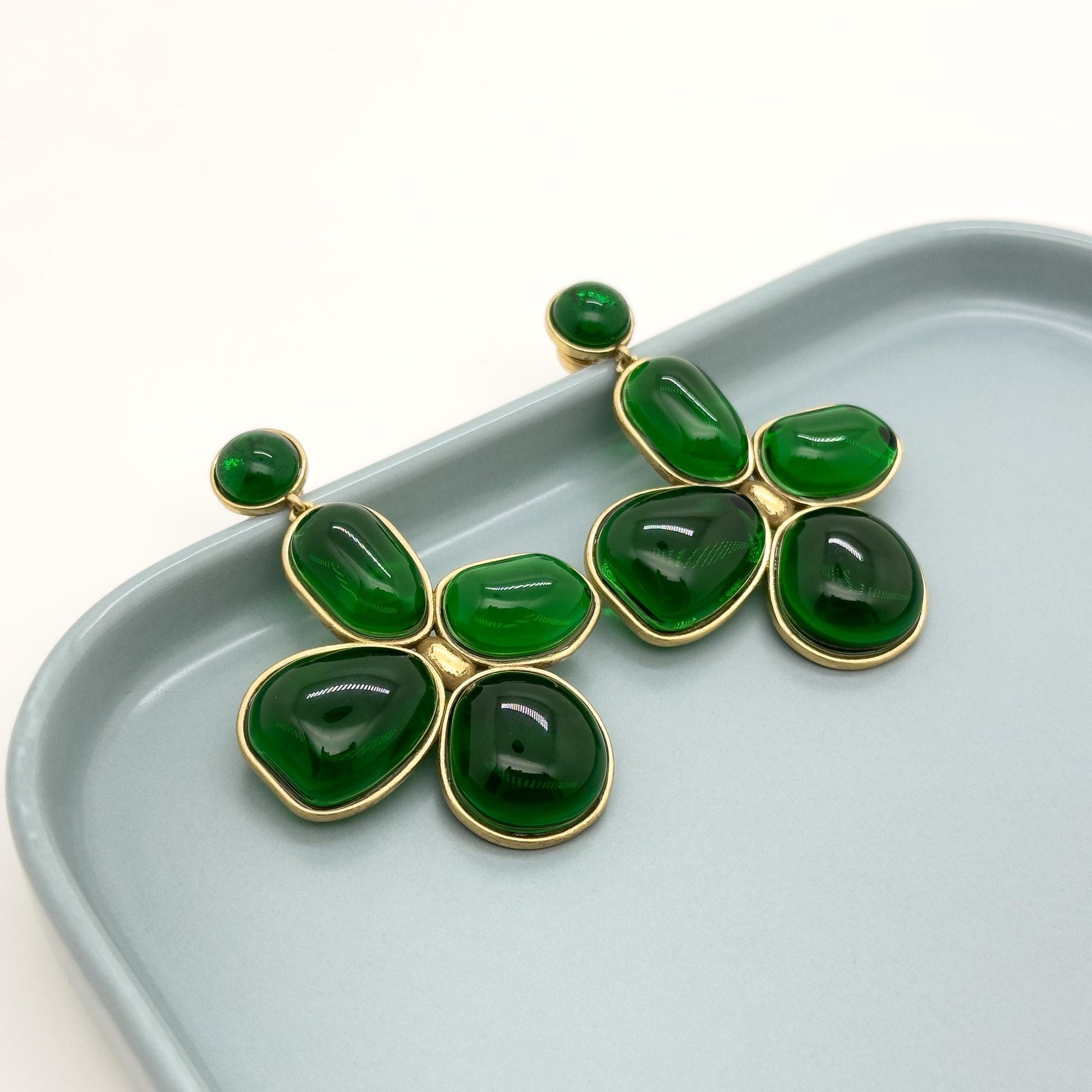 Art Deco Vintage Four-Leaf Clover Emerald Glass Copper Earrings