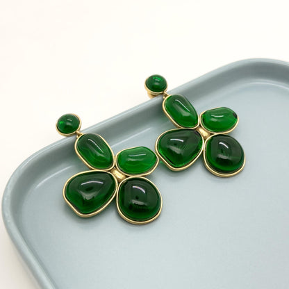 Art Deco Vintage Four-Leaf Clover Emerald Glass Copper Earrings