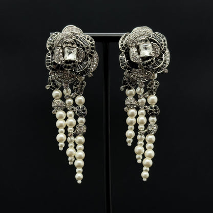Vintage Art Deco Rose Flower Pearl Tassel Zircon Earrings