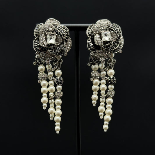 Vintage Art Deco Rose Flower Pearl Tassel Zircon Earrings