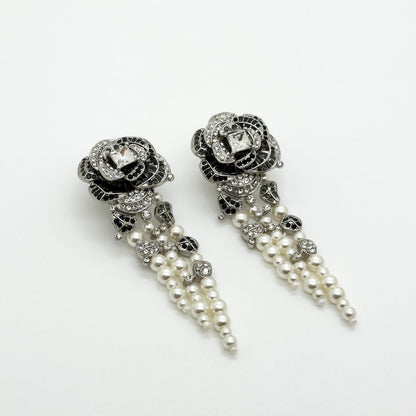 Vintage Art Deco Rose Flower Pearl Tassel Zircon Earrings