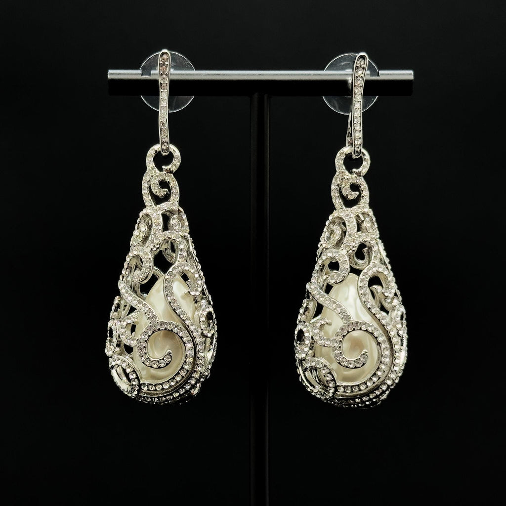 Vintage Art Deco Teardrop Earrings with Pearl Rhinestone Detail