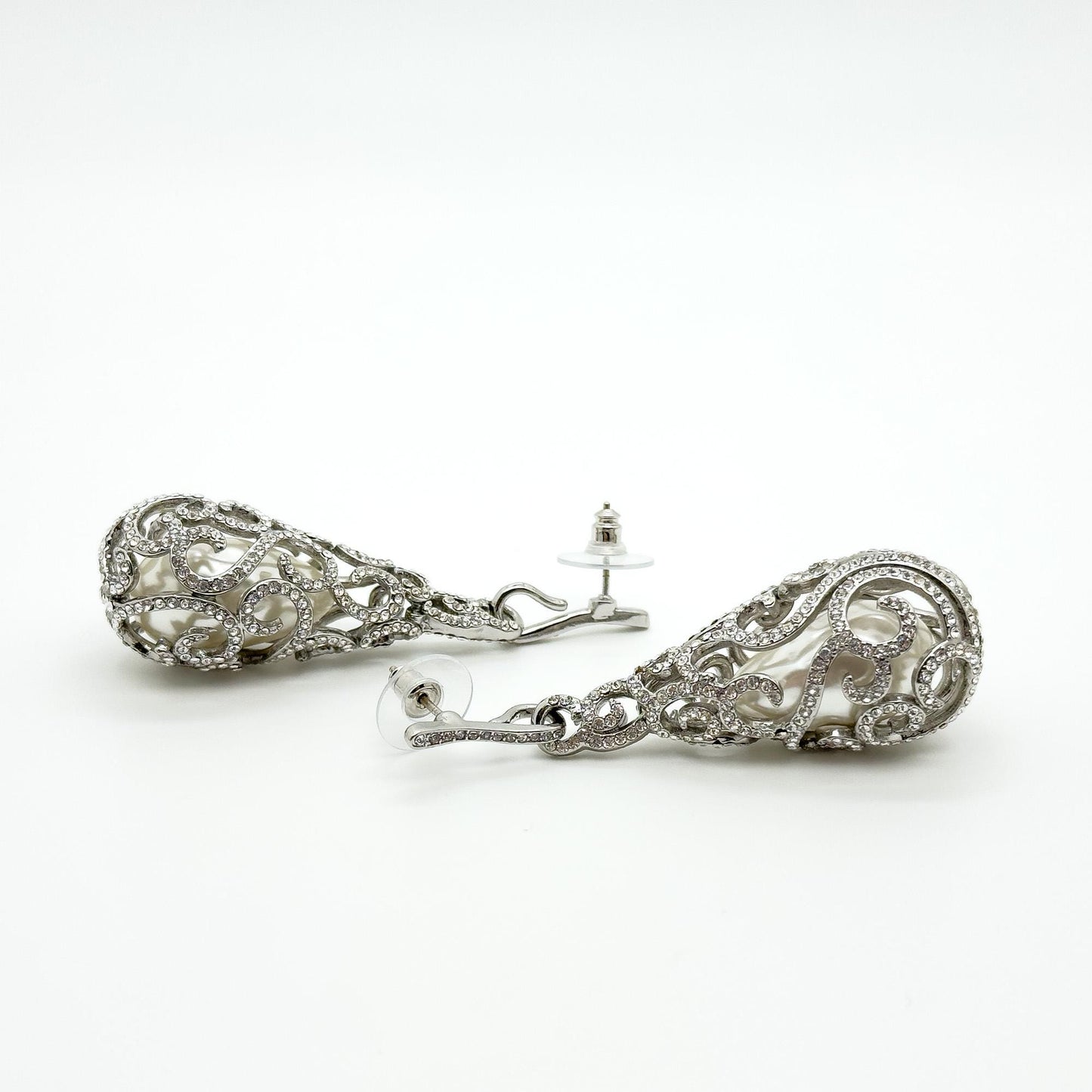 Vintage Art Deco Teardrop Earrings with Pearl Rhinestone Detail