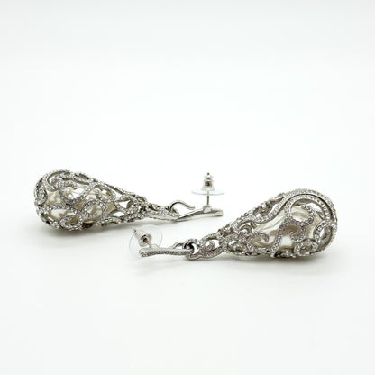 Vintage Art Deco Teardrop Earrings with Pearl Rhinestone Detail