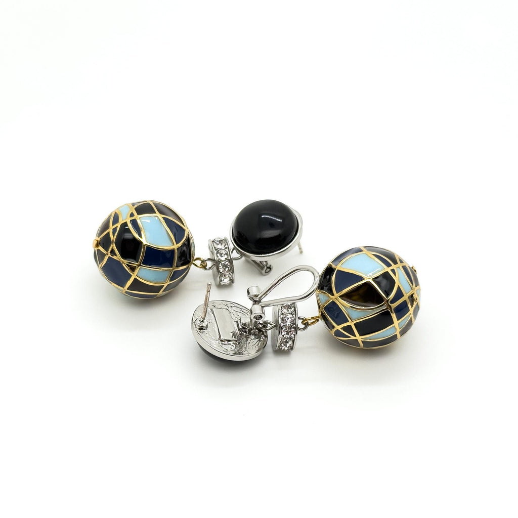 Vintage Art Deco Enamel Ball Earrings with Rhinestone Accents