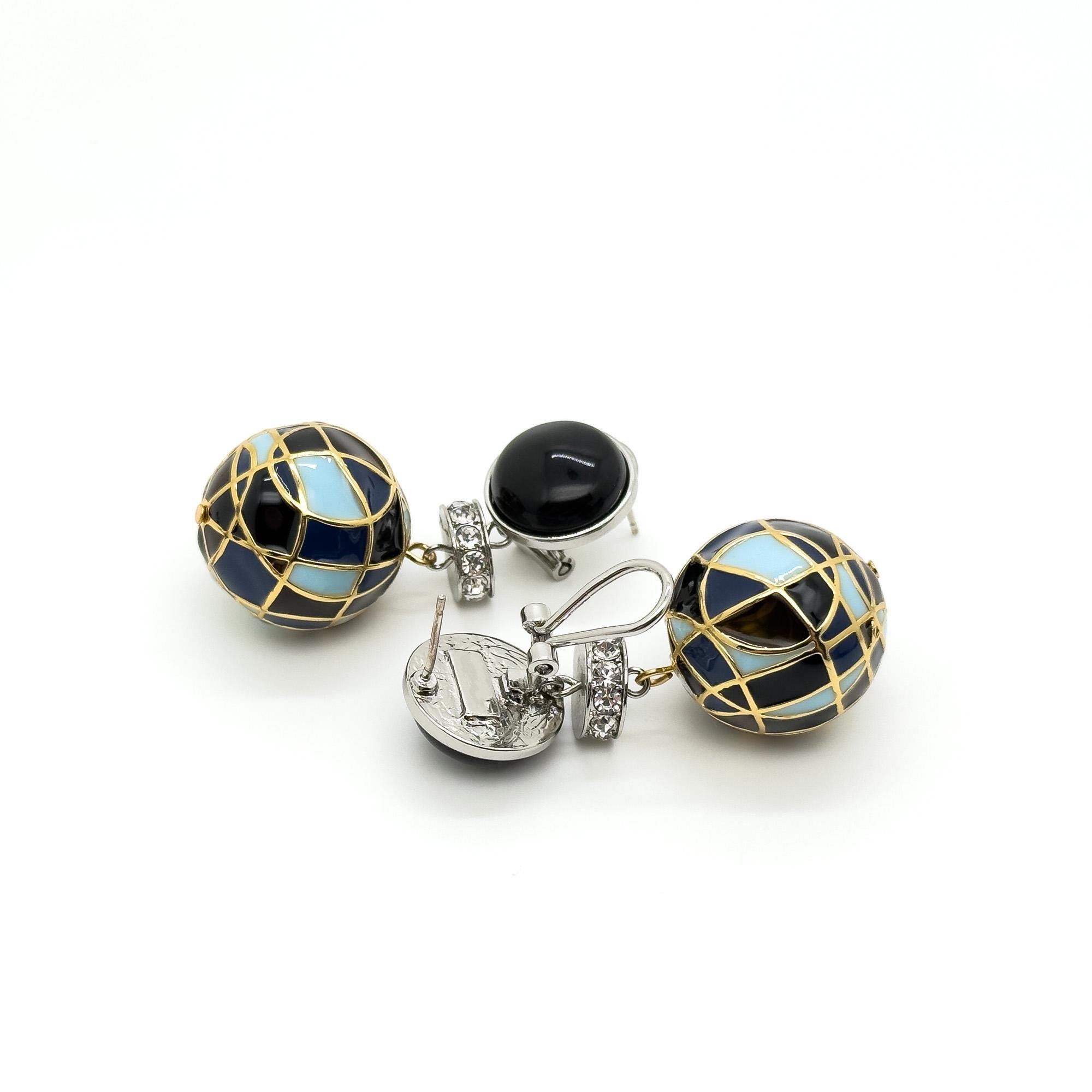 Vintage Art Deco Enamel Ball Earrings with Rhinestone Accents