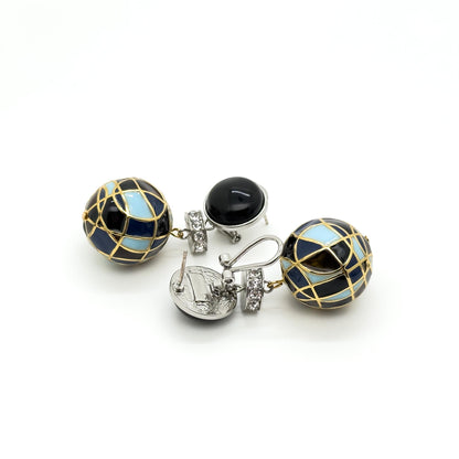 Vintage Art Deco Enamel Ball Earrings with Rhinestone Accents